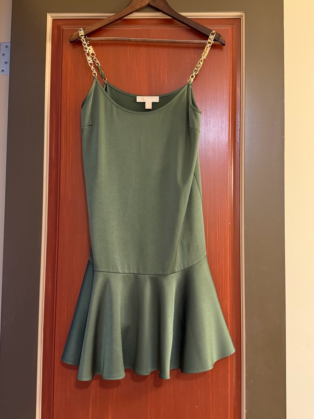 Michael Kors Collection Dark Olive Mini Dress with Gold Chain Straps